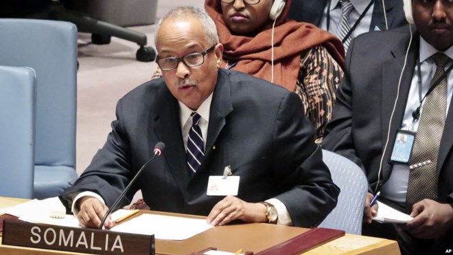 FILE - Somalia's Foreign Minister Abdusalam Hadliye Omer speaks during a Security Council meeting at the United Nations headquarters, May 11, 2016.
